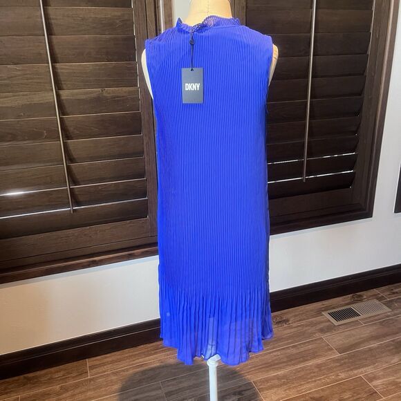 Donna Karan New York midi shift dress 4 Blue sleeveless tie neck pleated NEW - Picture 5 of 12
